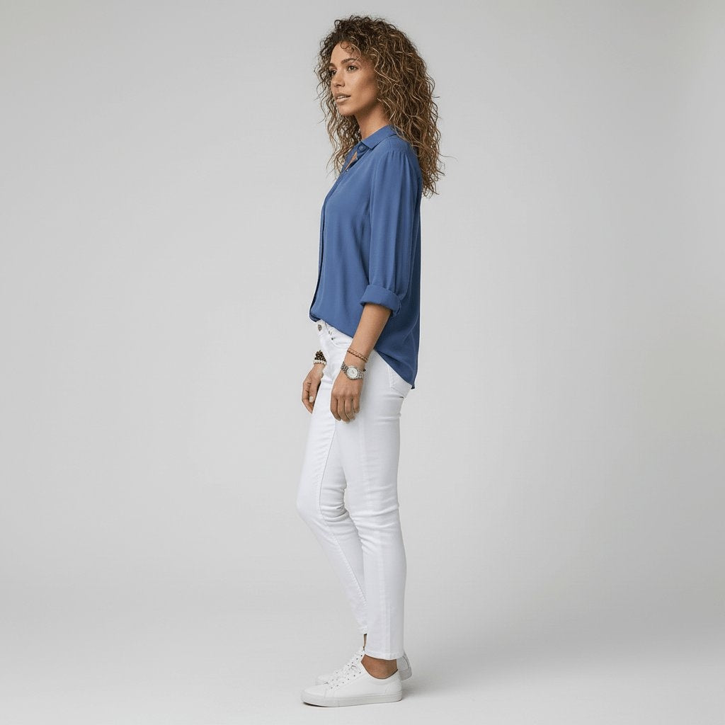 Button-Up Blouse Women's Relaxed Fit with V-Neck | S&W - 12 - Stylewhipped
