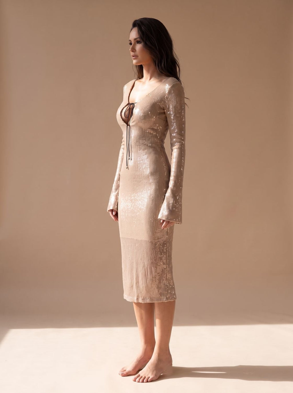 Evening Dress Women | Fitted Midi with V-Neck and Flared Sleeves | S&W - 7 - Stylewhipped