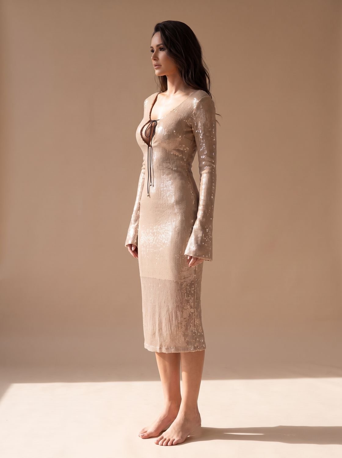 Evening Dress Women | Fitted Midi with V-Neck and Flared Sleeves | S&W - 7 - Stylewhipped