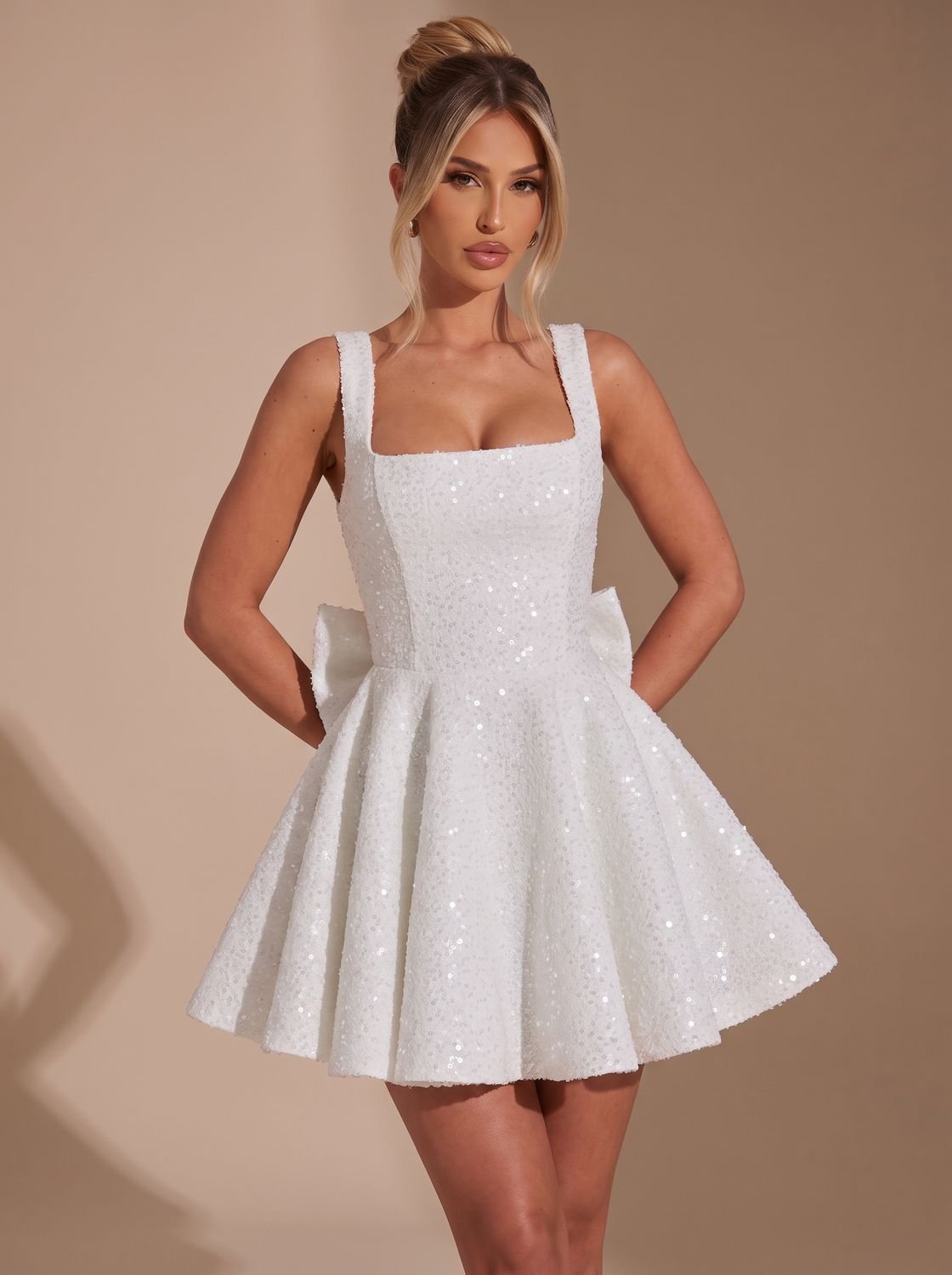 Mini Dress Women's Flared Silhouette with Bow Detail | S&W - 10 - Stylewhipped