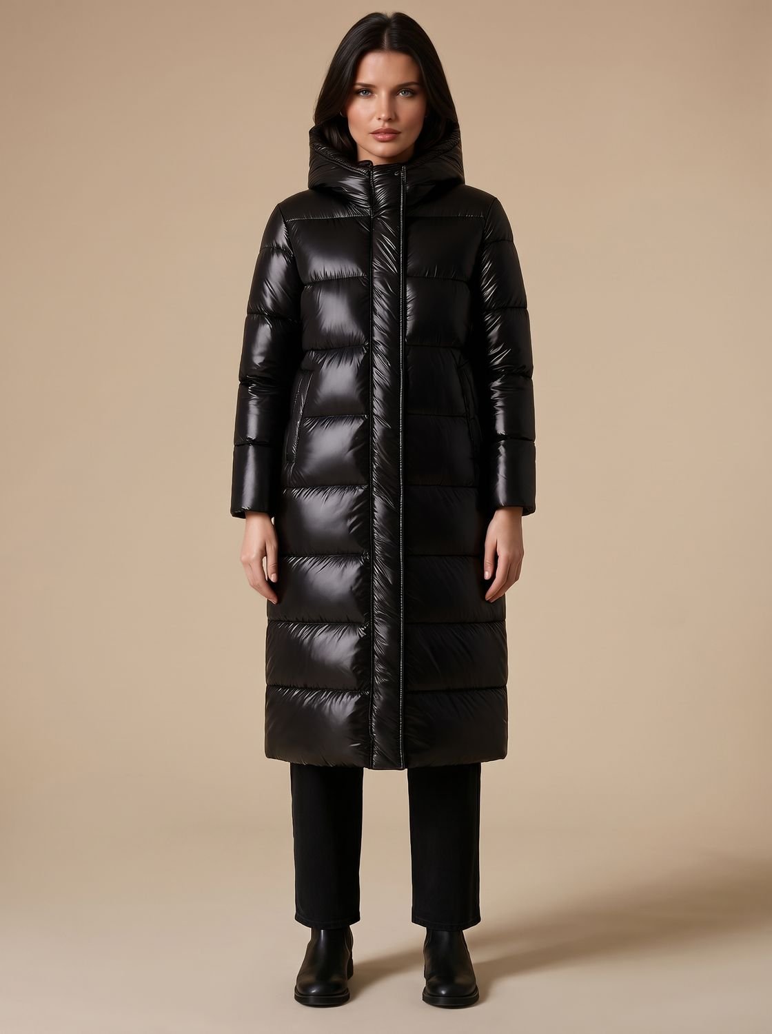 Long-Line Women's Puffer Coat with Hood and Flattering Silhouette | S&W - 1 - Stylewhipped