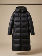 Long-Line Women's Puffer Coat with Hood and Flattering Silhouette | S&W - 3 - Stylewhipped