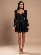 Mini Dress Women's Square Neck with Long Sleeves & Flared Skirt | S&W - 2 - Stylewhipped