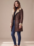 Women's Coat with Asymmetrical Zip and Shearling Collar - 2 - Stylewhipped