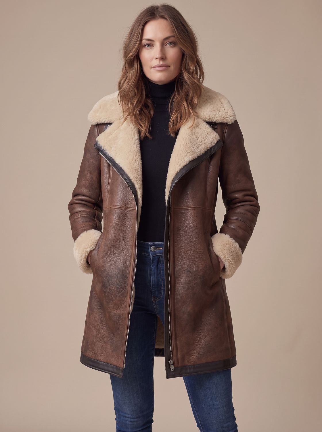 Women's Coat with Asymmetrical Zip and Shearling Collar - 3 - Stylewhipped