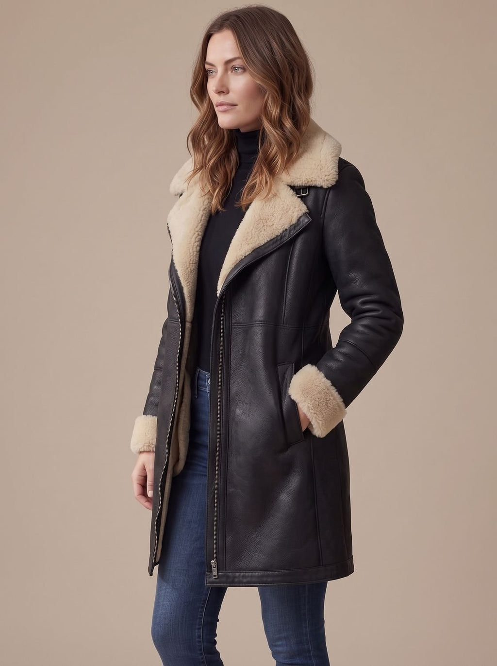Women's Coat with Asymmetrical Zip and Shearling Collar - 5 - Stylewhipped