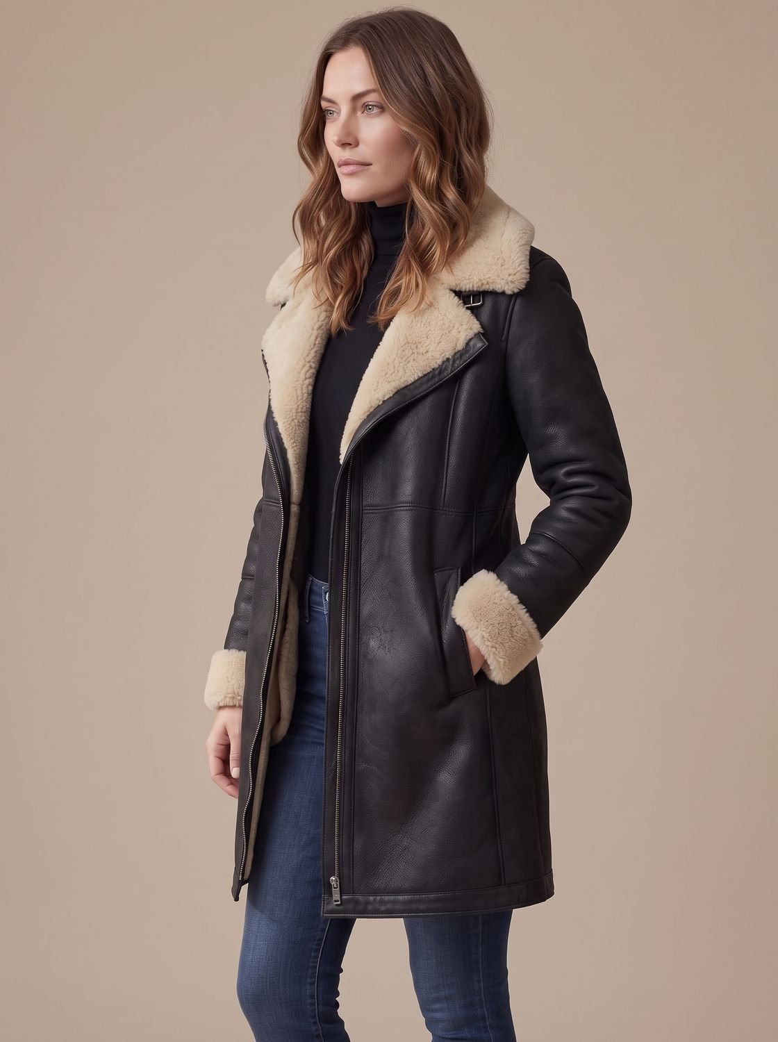 Women's Coat with Asymmetrical Zip and Shearling Collar - 5 - Stylewhipped