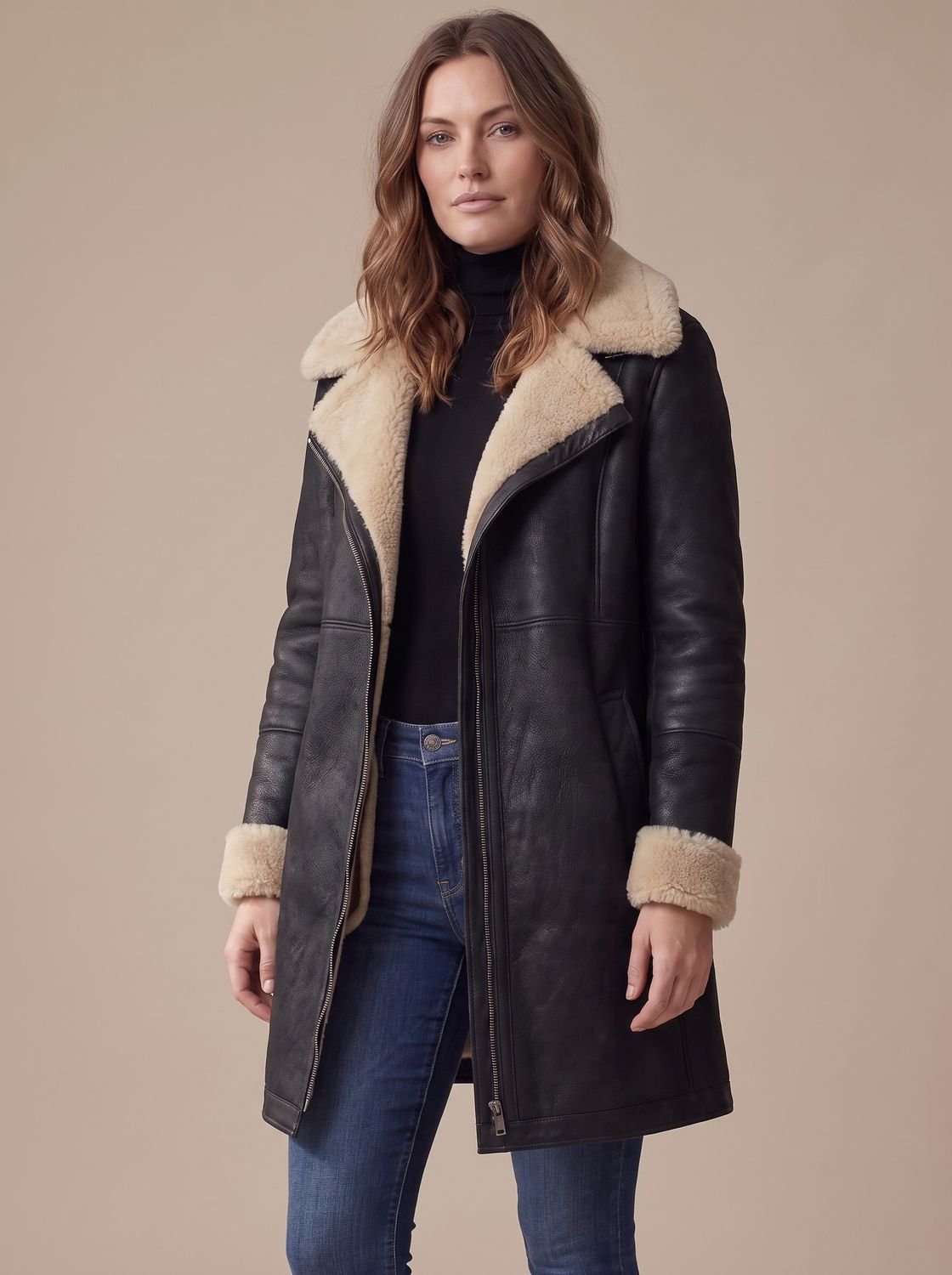 Women's Coat with Asymmetrical Zip and Shearling Collar - 6 - Stylewhipped