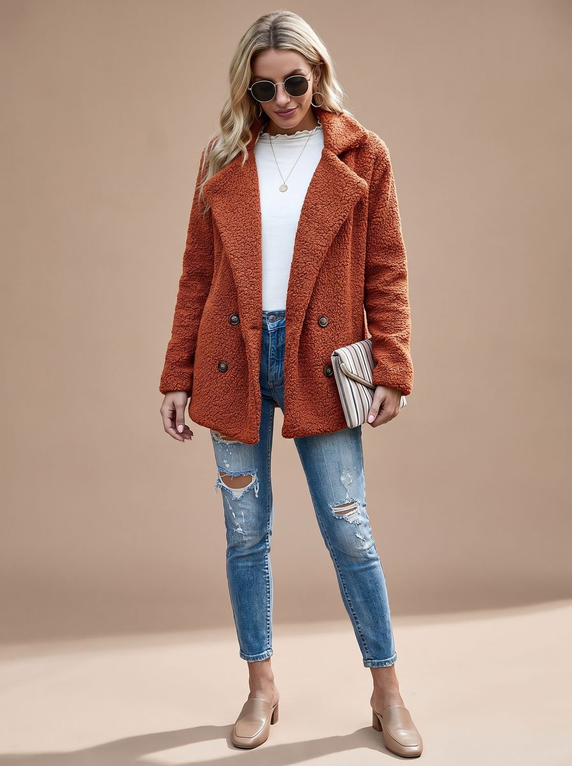 Double-Breasted Women's Jacket with Notched Collar and Relaxed Fit - 1 - Stylewhipped