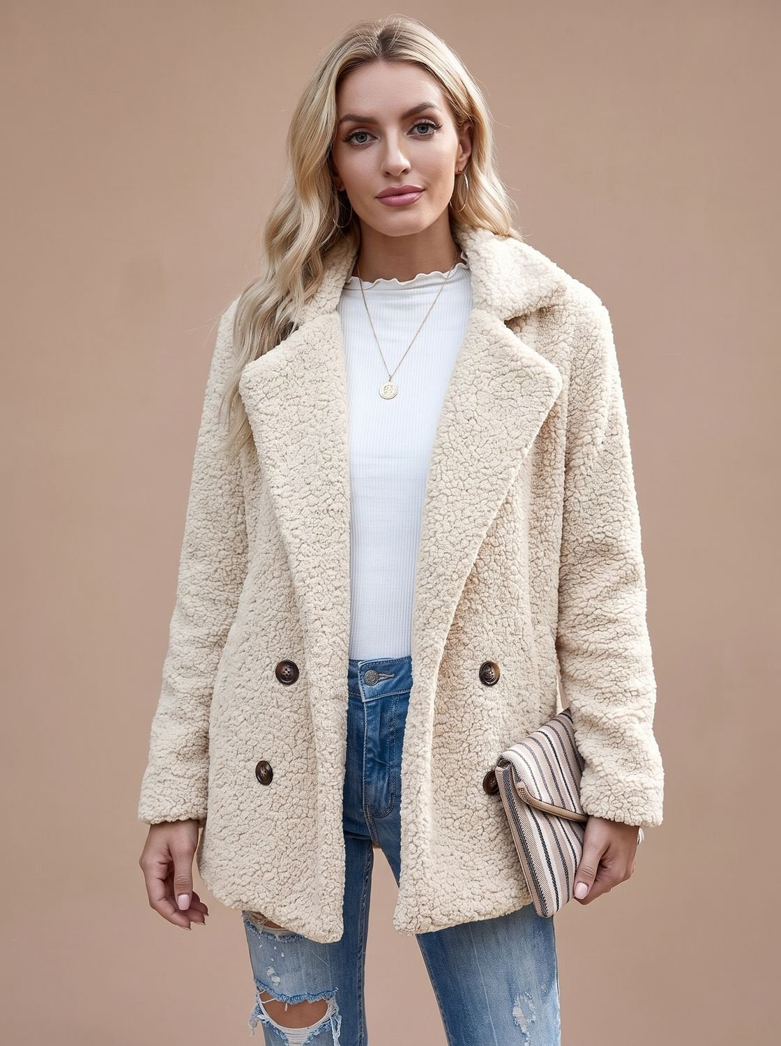 Double-Breasted Women's Jacket with Notched Collar and Relaxed Fit - 2 - Stylewhipped