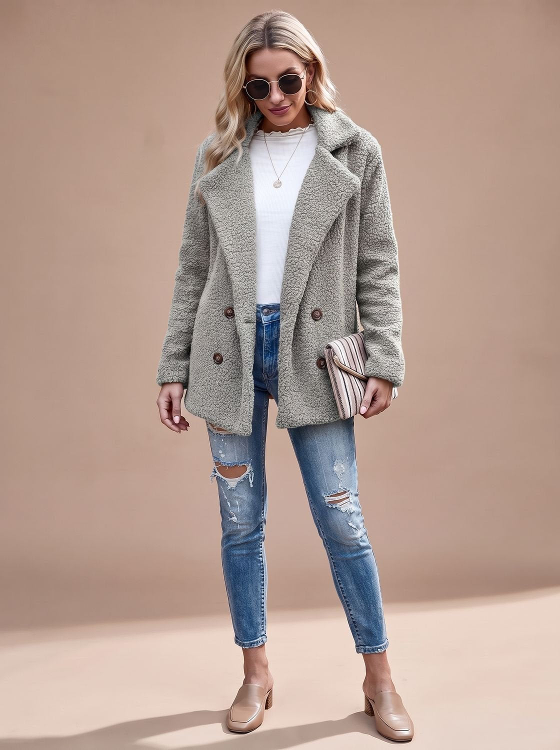 Double-Breasted Women's Jacket with Notched Collar and Relaxed Fit - 3 - Stylewhipped