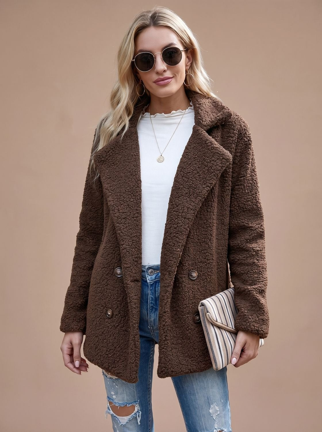Double-Breasted Women's Jacket with Notched Collar and Relaxed Fit - 4 - Stylewhipped