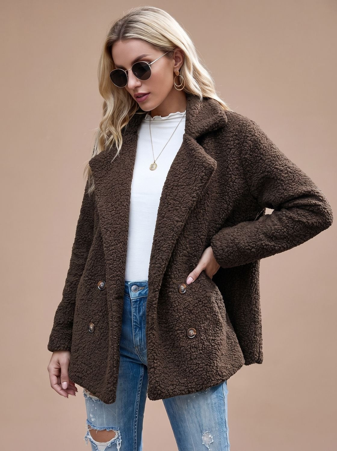 Double-Breasted Women's Jacket with Notched Collar and Relaxed Fit - 8 - Stylewhipped