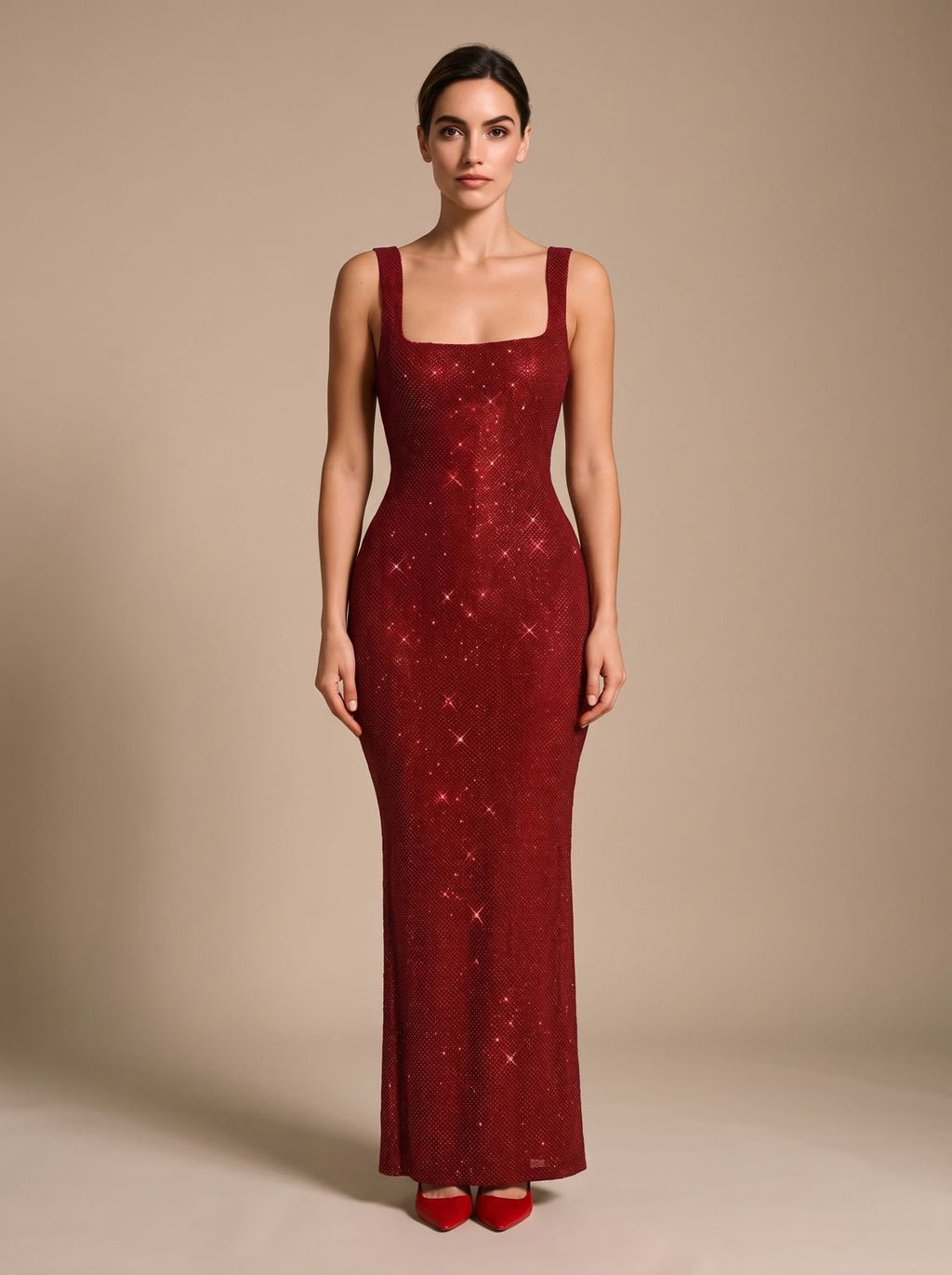 Evening Dress Women's Fitted Maxi with Square Neckline and Open Back - 1 - Stylewhipped