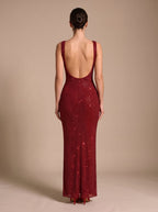 Evening Dress Women's Fitted Maxi with Square Neckline and Open Back - 3 - Stylewhipped