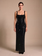 Evening Dress Women's Fitted Maxi with Square Neckline and Open Back - 4 - Stylewhipped