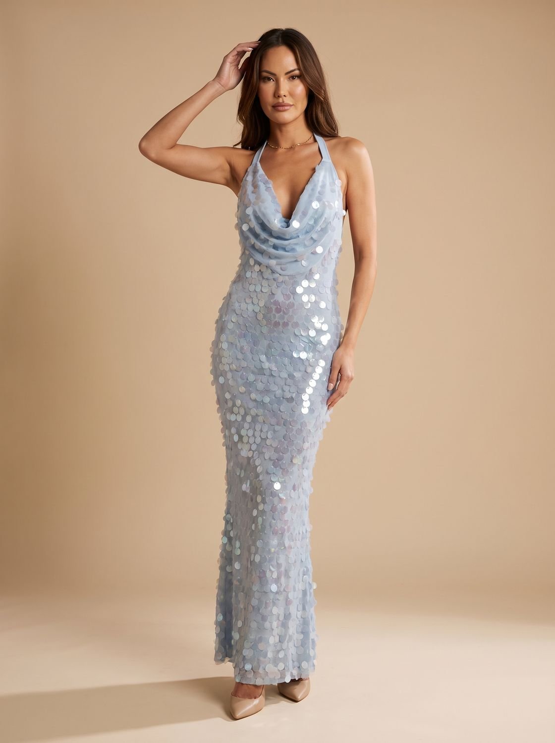 Evening Dress Women Halter Neck Fitted Silhouette with Drape Detail - 1 - Stylewhipped