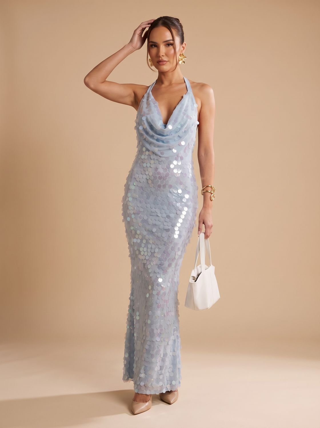 Evening Dress Women Halter Neck Fitted Silhouette with Drape Detail - 4 - Stylewhipped