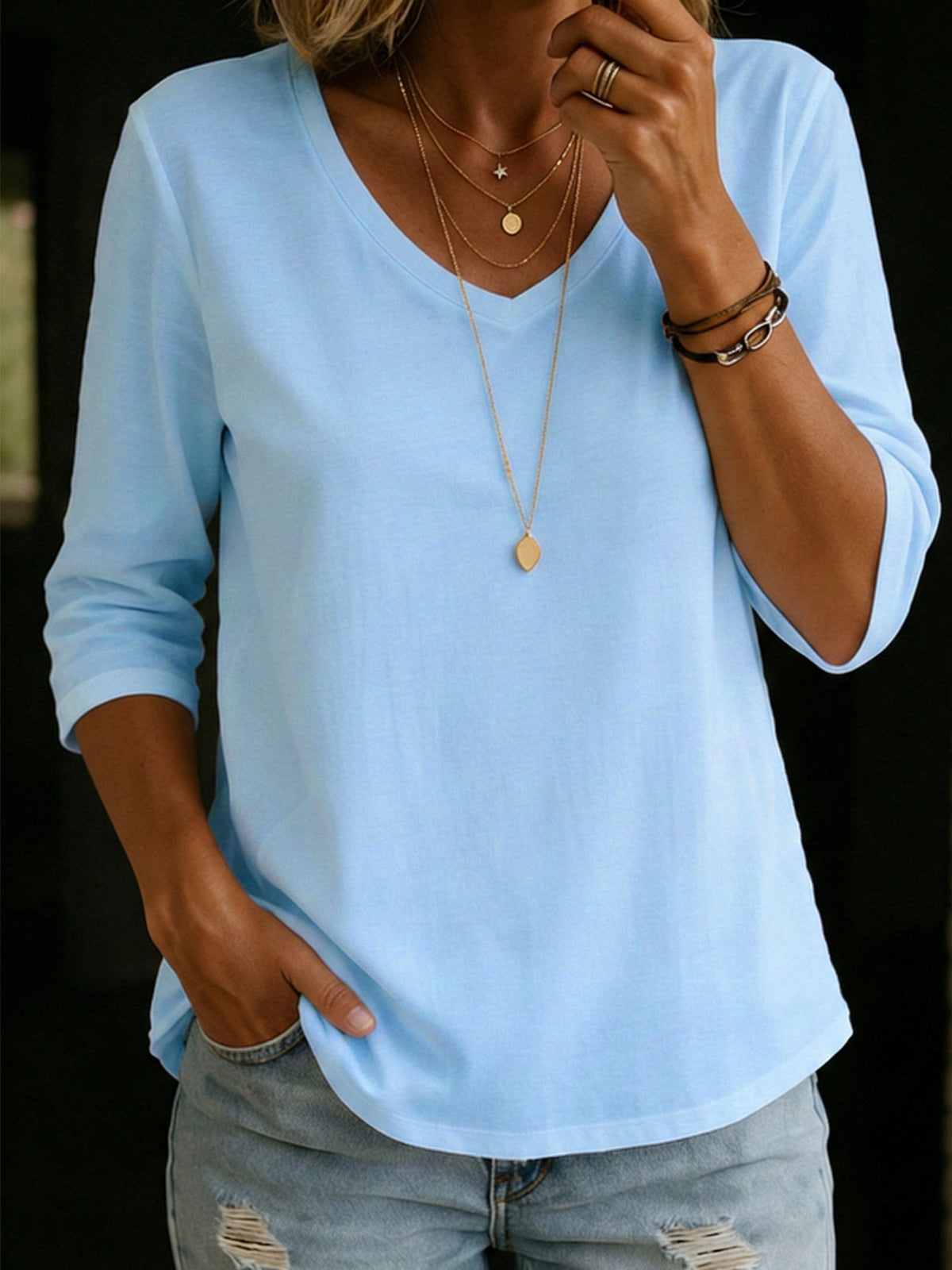 V-Neck T-Shirt for Women - Relaxed Fit with Three-Quarter Sleeves - 1 - Stylewhipped