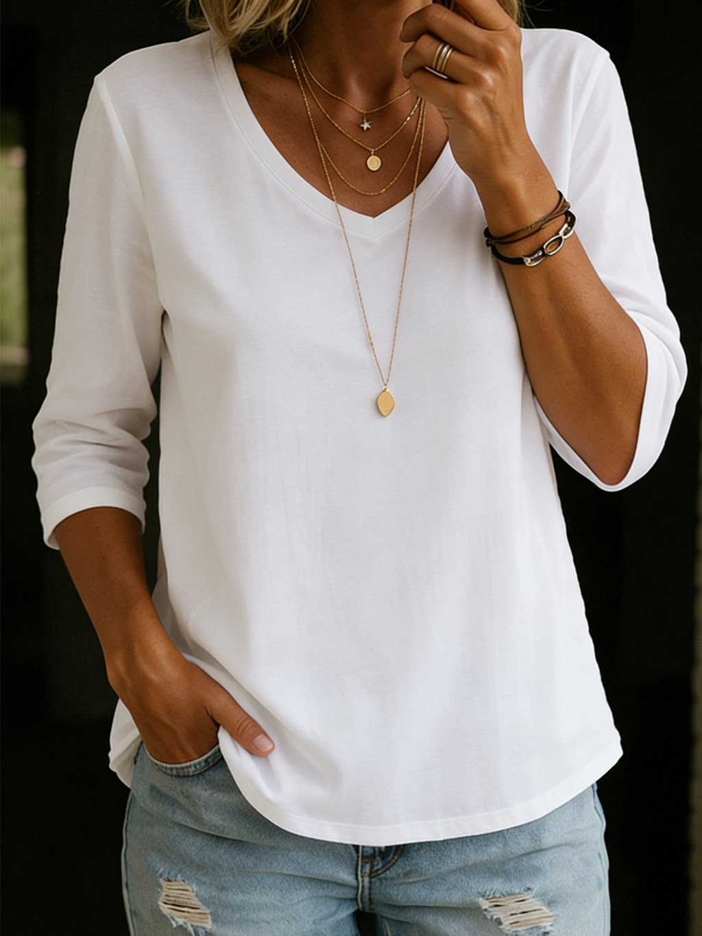V-Neck T-Shirt for Women - Relaxed Fit with Three-Quarter Sleeves - 2 - Stylewhipped