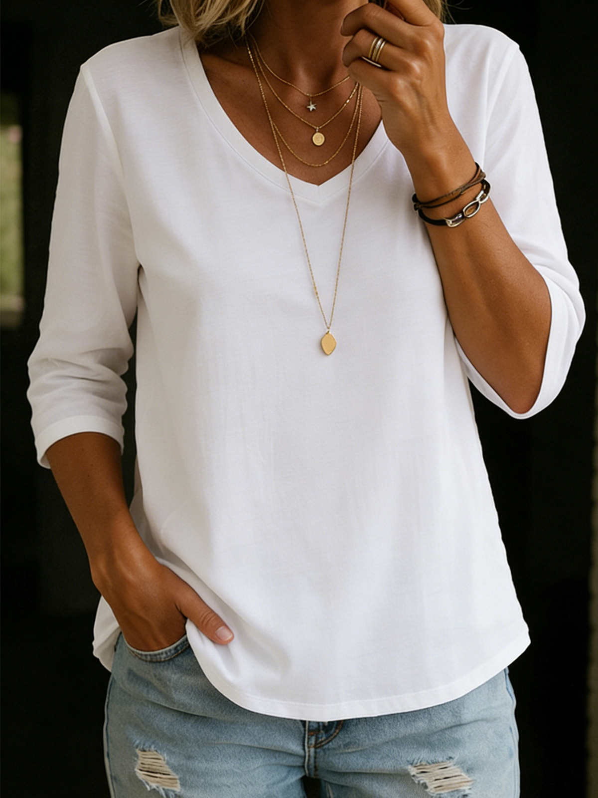 V-Neck T-Shirt for Women - Relaxed Fit with Three-Quarter Sleeves - 2 - Stylewhipped