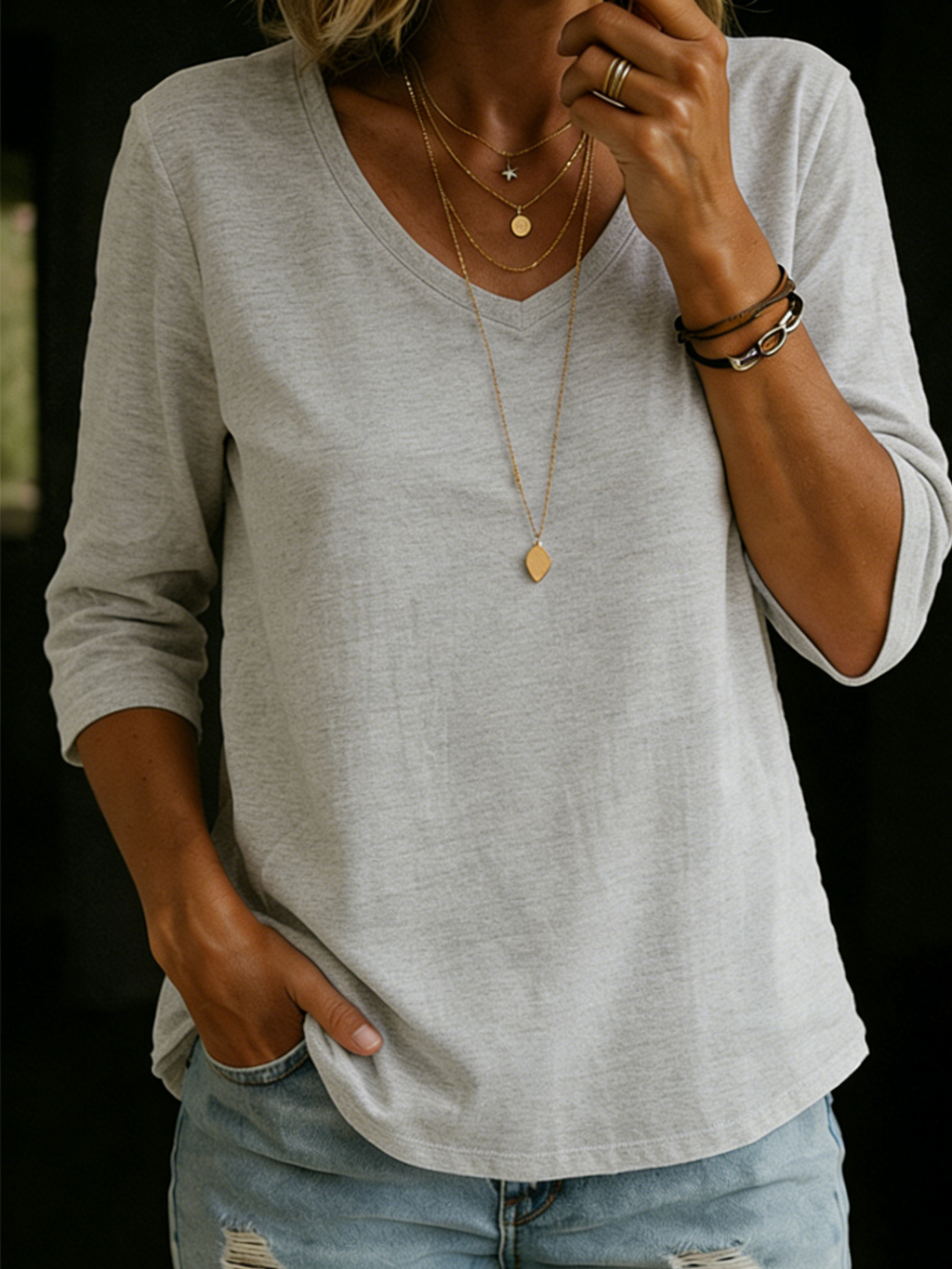 V-Neck T-Shirt for Women - Relaxed Fit with Three-Quarter Sleeves - 3 - Stylewhipped