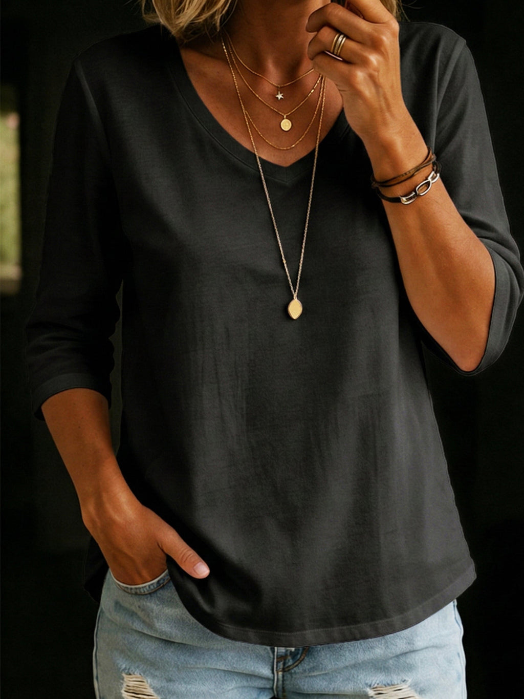 V-Neck T-Shirt for Women - Relaxed Fit with Three-Quarter Sleeves - 4 - Stylewhipped