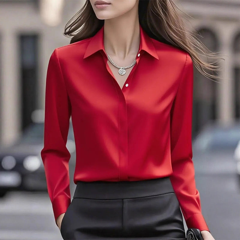 Women's Blouse with Classic Collar and Button Detail in Red, Purple, and White - 1 - Stylewhipped