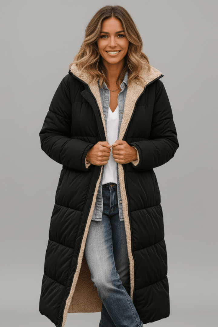 Long Black Coat Women's Padded Design with Hood for Warmth - 1 - Stylewhipped