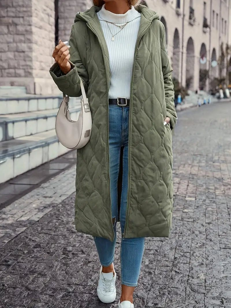 Long-Line Women's Hooded Coat with Quilted Design - 1 - Stylewhipped