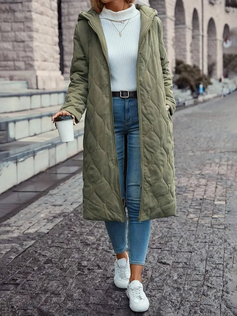 Long-Line Women's Hooded Coat with Quilted Design - 2 - Stylewhipped