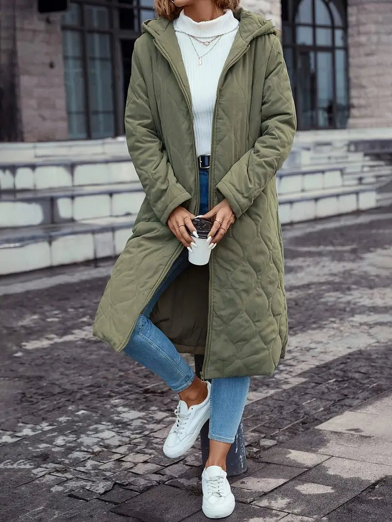 Long-Line Women's Hooded Coat with Quilted Design - 3 - Stylewhipped
