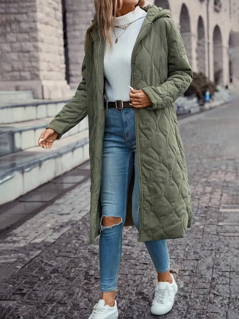 Long-Line Women's Hooded Coat with Quilted Design - 4 - Stylewhipped