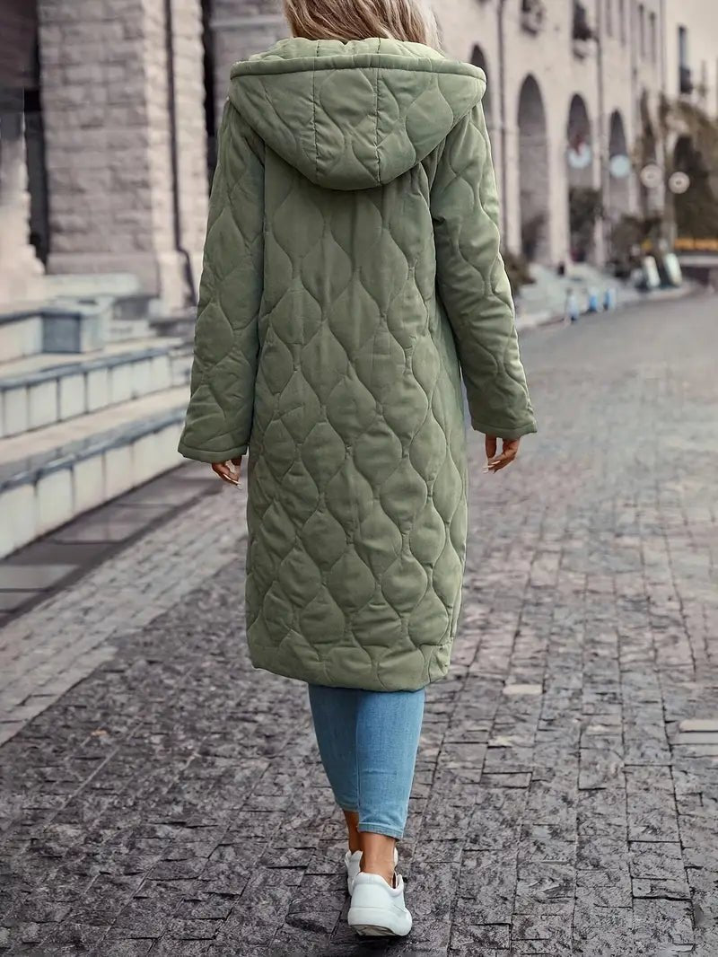 Long-Line Women's Hooded Coat with Quilted Design - 5 - Stylewhipped
