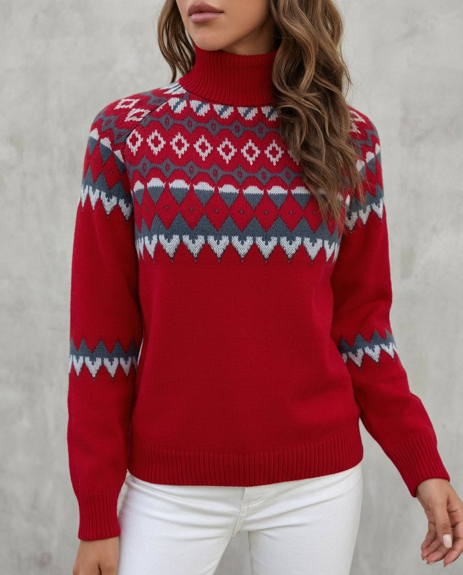 Women's Pullover Red Fair Isle Pattern Long Sleeve - 1 - Stylewhipped