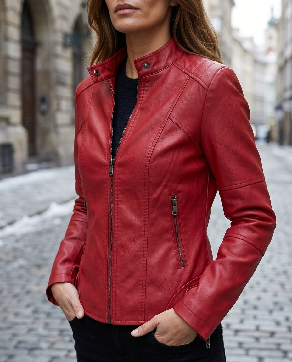 Women's Fitted Jacket with Stand Collar and Zip Pockets - 1 - Stylewhipped