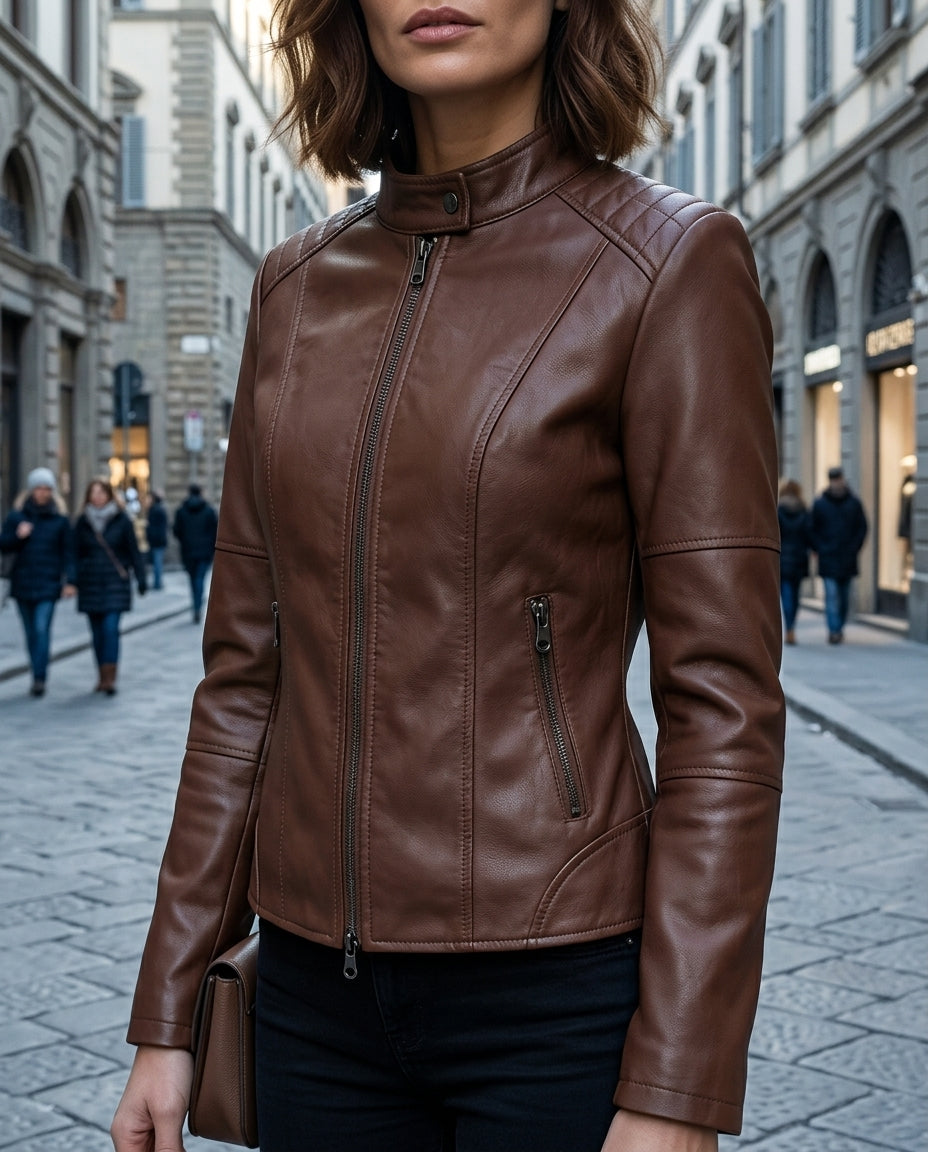 Women's Fitted Jacket with Stand Collar and Zip Pockets - 2 - Stylewhipped