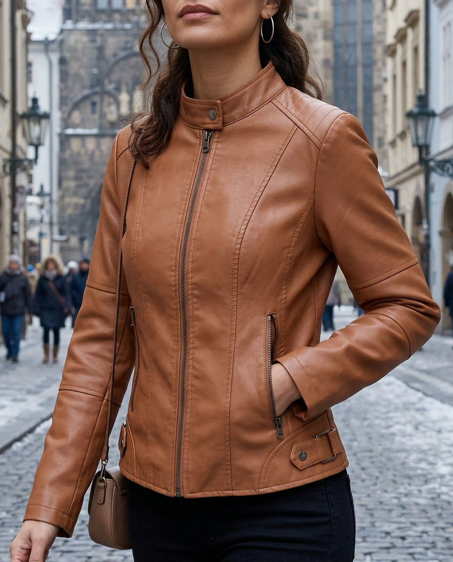 Women's Fitted Jacket with Stand Collar and Zip Pockets - 3 - Stylewhipped