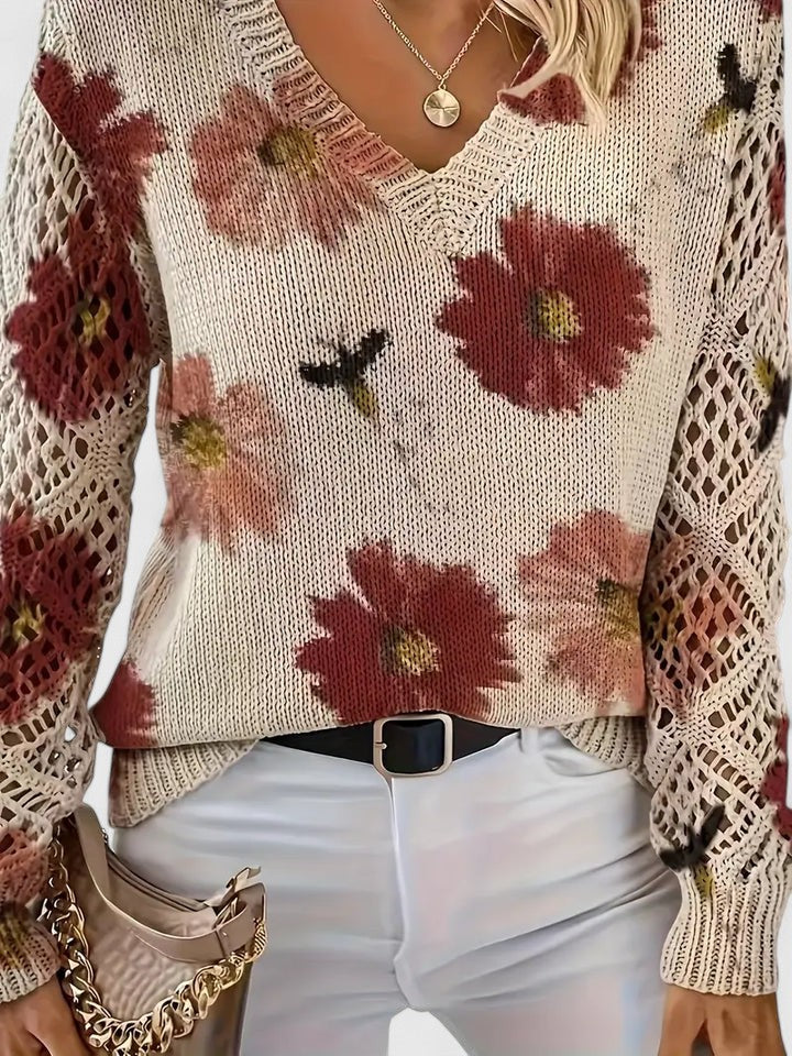 Floral Print Women's V-Neck Pullover with Cut-Out Sleeves | S&W - 2 - Stylewhipped