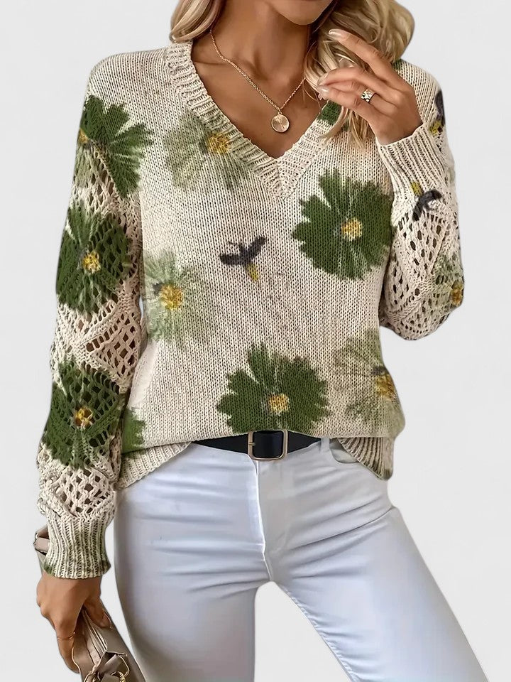 Floral Print Women's V-Neck Pullover with Cut-Out Sleeves | S&W - 3 - Stylewhipped