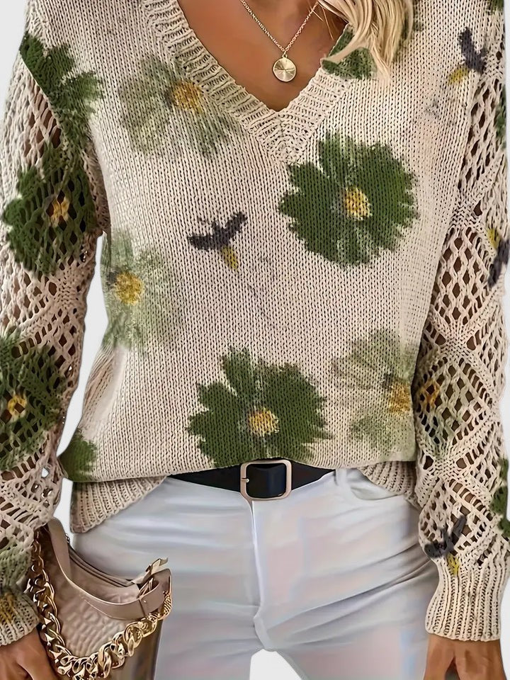 Floral Print Women's V-Neck Pullover with Cut-Out Sleeves | S&W - 4 - Stylewhipped