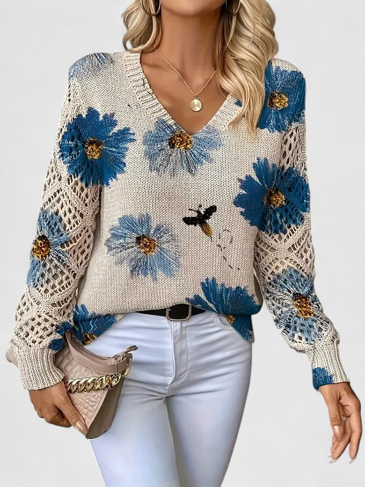 Floral Print Women's V-Neck Pullover with Cut-Out Sleeves | S&W - 5 - Stylewhipped