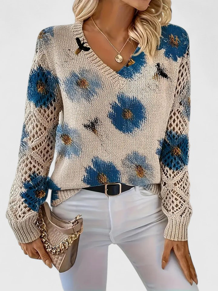 Floral Print Women's V-Neck Pullover with Cut-Out Sleeves | S&W - 6 - Stylewhipped