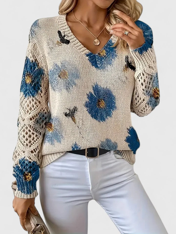 Floral Print Women's V-Neck Pullover with Cut-Out Sleeves | S&W - 7 - Stylewhipped