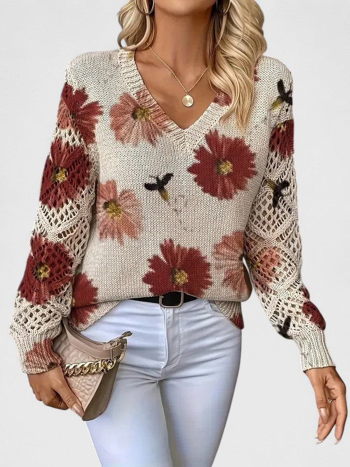 Floral Print Women's V-Neck Pullover with Cut-Out Sleeves | S&W - 12 - Stylewhipped