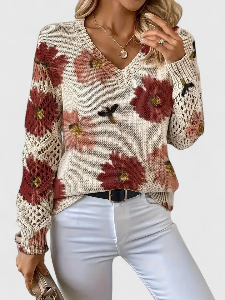 Floral Print Women's V-Neck Pullover with Cut-Out Sleeves | S&W - 13 - Stylewhipped