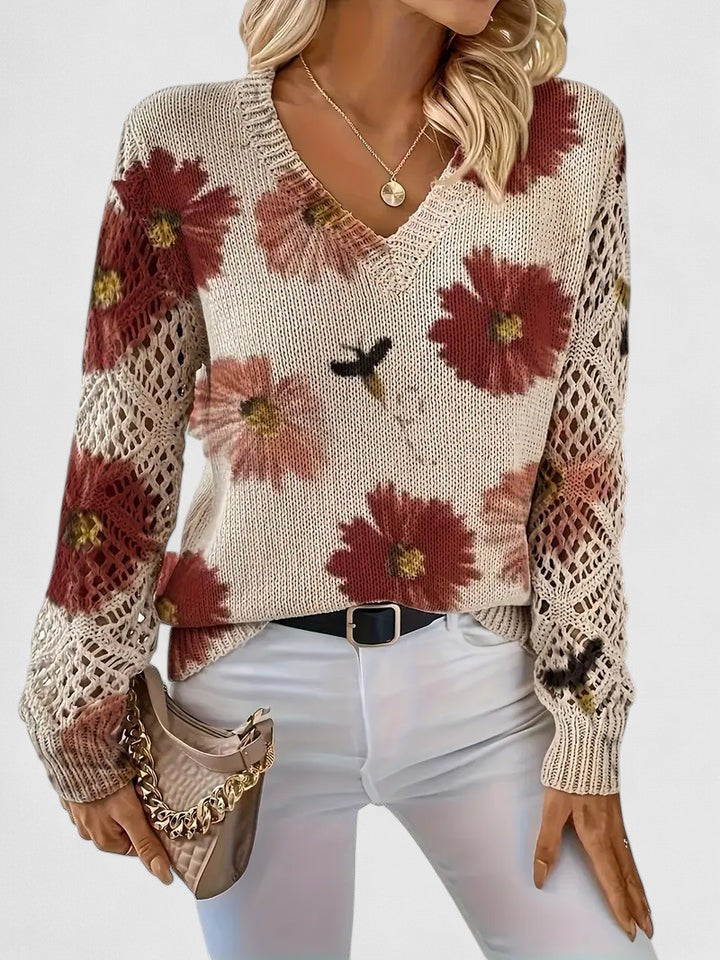 Floral Print Women's V-Neck Pullover with Cut-Out Sleeves | S&W - 14 - Stylewhipped