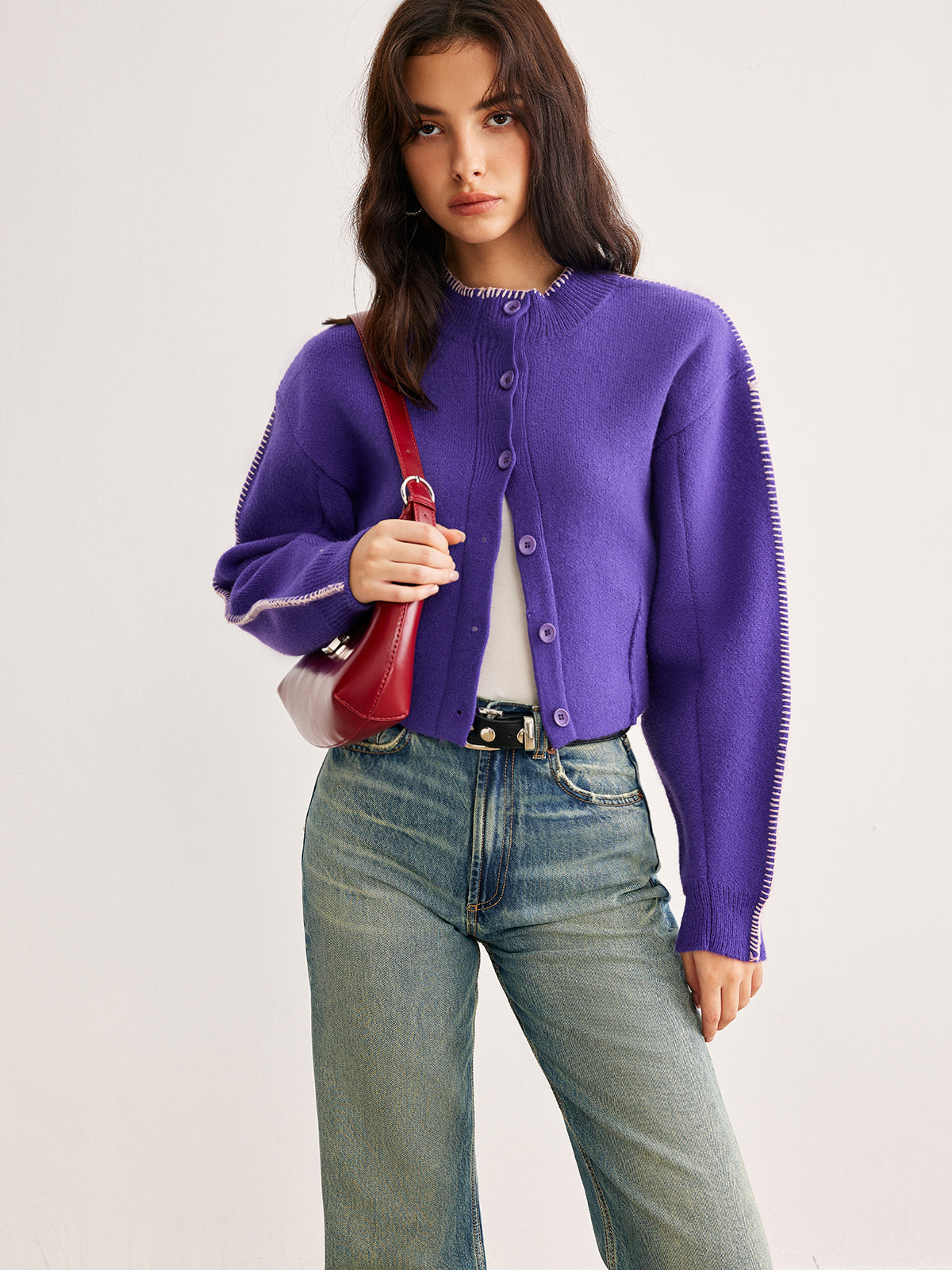 Cardigan Women’s Relaxed Fit in Purple with Button Closure | S&W - 2 - Stylewhipped