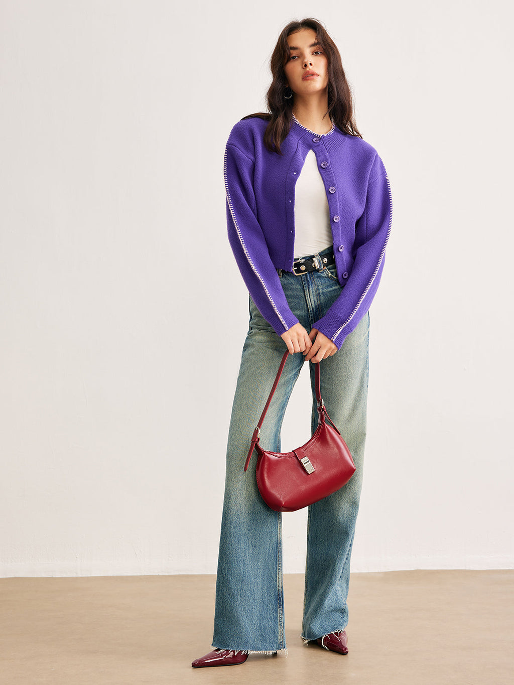 Cardigan Women’s Relaxed Fit in Purple with Button Closure | S&W - 4 - Stylewhipped