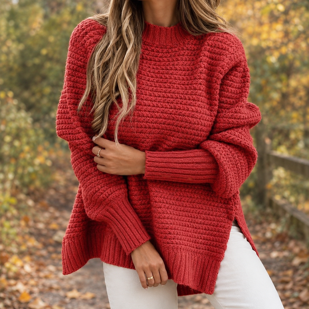 Chunky Knit Pullover Women's Relaxed Fit with Side Slits | S&W - 1 - Stylewhipped